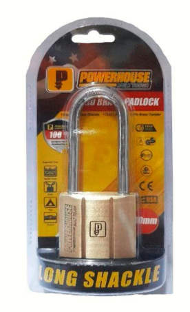 POWERHOUSE PADLOCK LONG SHACKLE BRASS 30MM