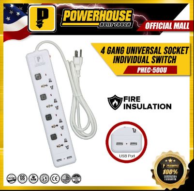 POWERHOUSE PHEC-500U ELECTRIC EXTENSION 4 GANG W/ 2 USB 2MTS