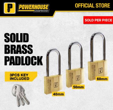 POWERHOUSE SOLID BRASS PADLOCK LONG SHACKLE
